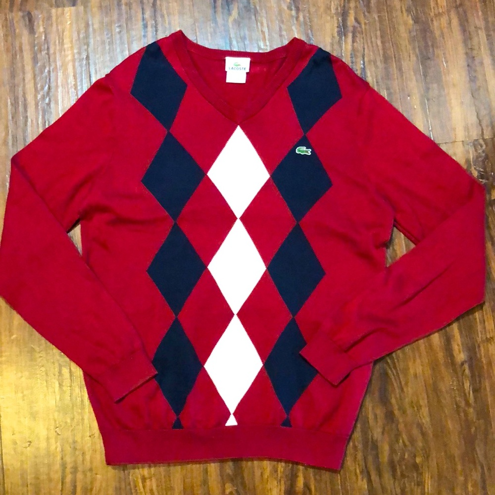 Lacoste mens 5 L large red argyle plaid v neck pull over sweater
